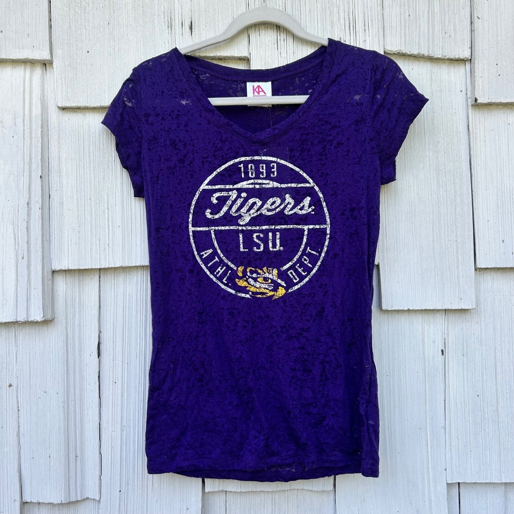 LSU Tigers 1893 Athletic Dept Purple Burnout V Neck T Shirt Womens L G